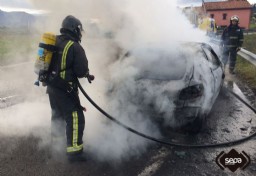 Bomberos trabajando en la extinción del incendio de un coche en Villaviciosa.