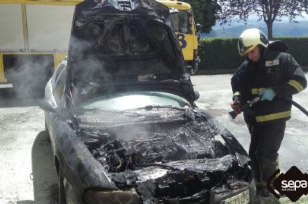Bomberos extinguiendo el incendio del coche en Tineo.